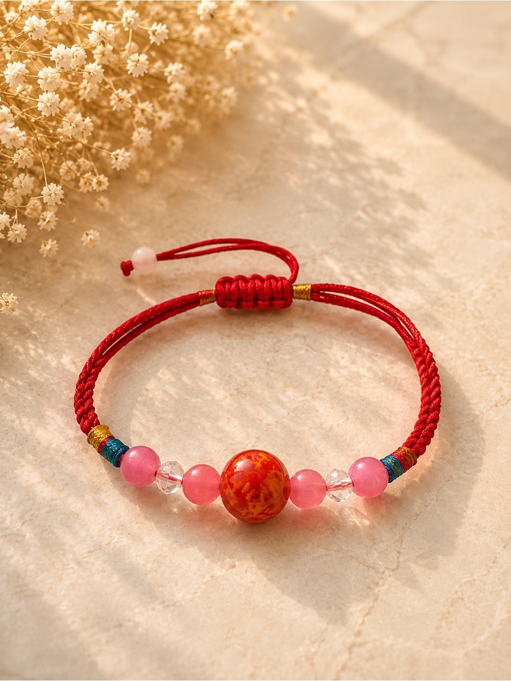 Red Beaded String Bracelet with Pink Accents - Unbranded